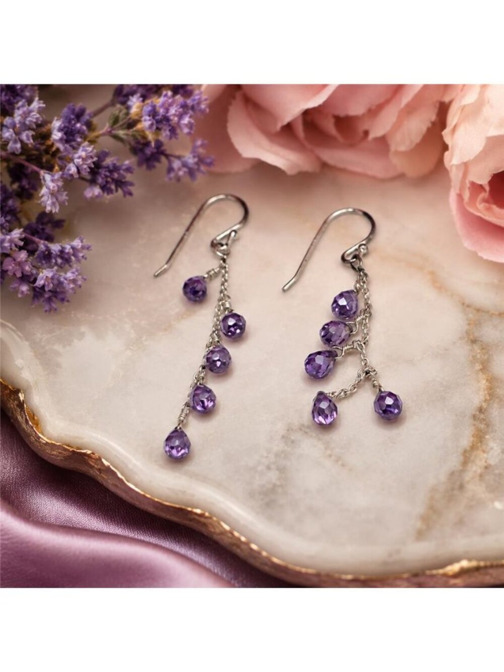 Vintage 925 Sterling Silver Amethyst Briolette Drop Earrings 2 In